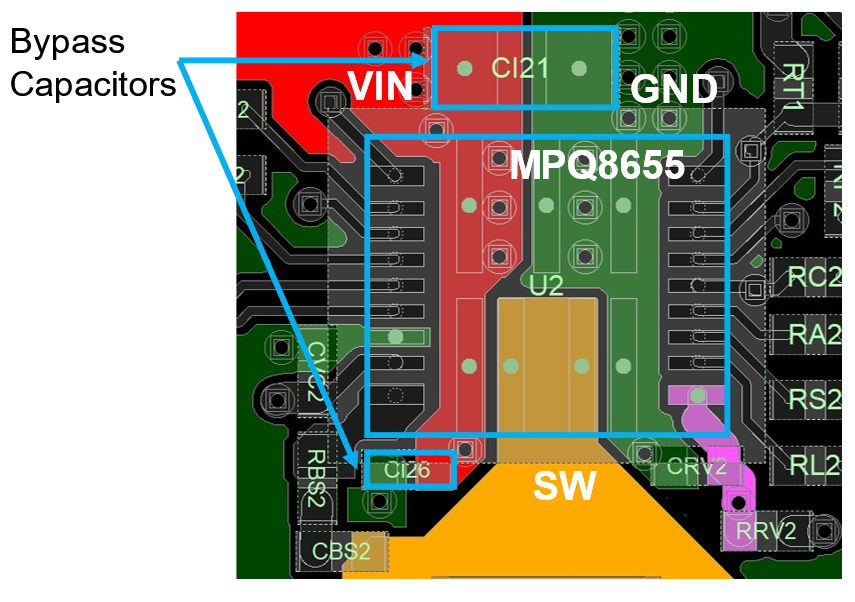 PCB 布局顯示了高速設(shè)計(jì)的去耦電容器布局