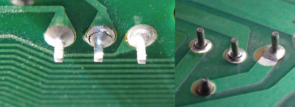 PCB 焊點問題特寫，包括冷焊點和橋接